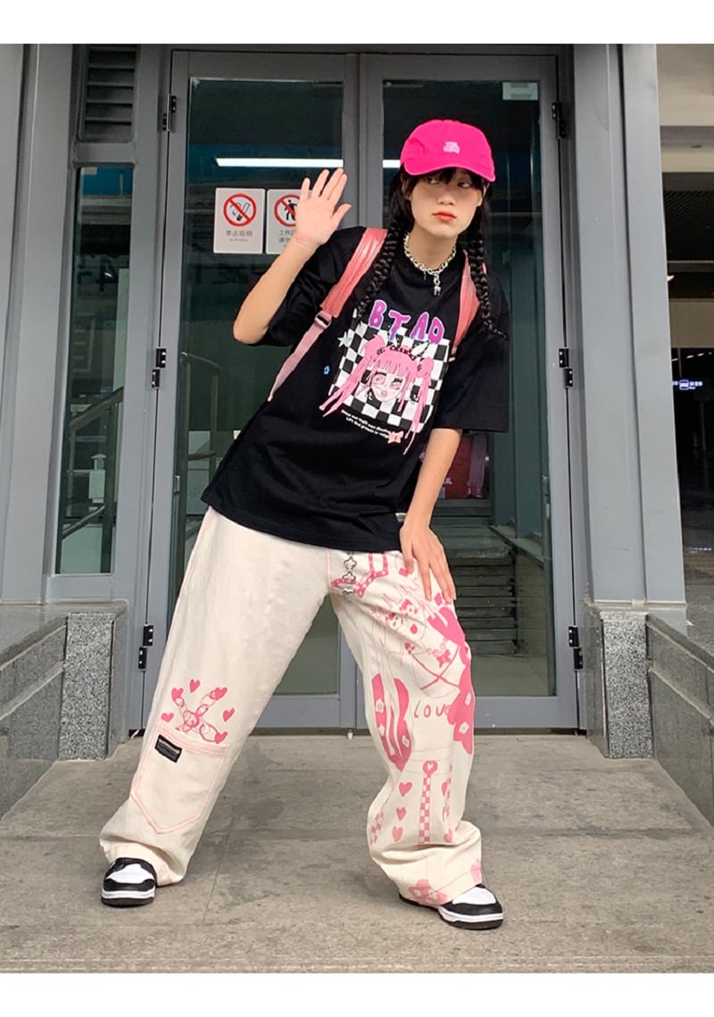 Anime Girl Print Wide Leg Pants