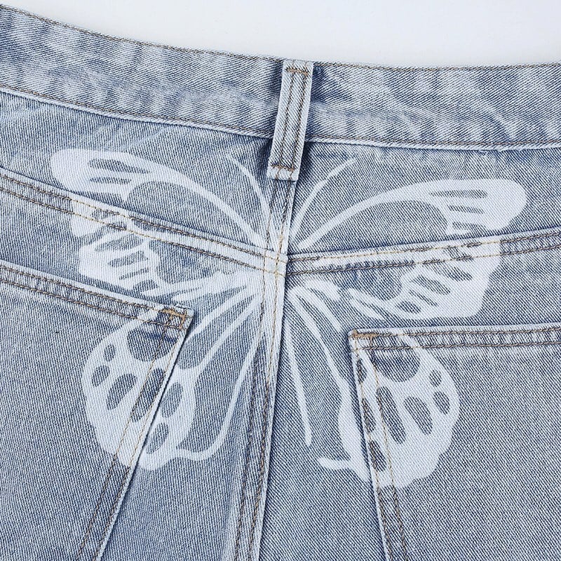Cute 90s Buttery Print Casual Baggy Straight High Waist Mom Blue Denim Jean Bottom Pant Aesthetic E-Girl Kawaii Korean Japanese Harajuku Streetwear