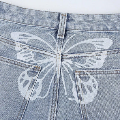 Cute 90s Buttery Print Casual Baggy Straight High Waist Mom Blue Denim Jean Bottom Pant Aesthetic E-Girl Kawaii Korean Japanese Harajuku Streetwear