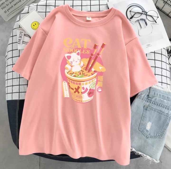 Cute Cat Noodle Ramen Graphic Cartoon Print Loose Short Sleeve T-shirt Aesthetic Casual Summer E-Girl Kawaii Korean Japanese Harajuku