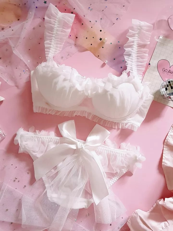 White Lace Petal Japanese Bra + Panties Lingerie