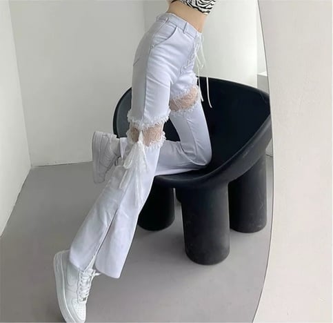 Cute White Lace Hollow Out Side Split High Waist Flare Denim Jeans Pants Trousers Summer Aesthetic Casual E-Girl Kawaii Korean Japanese Harajuku