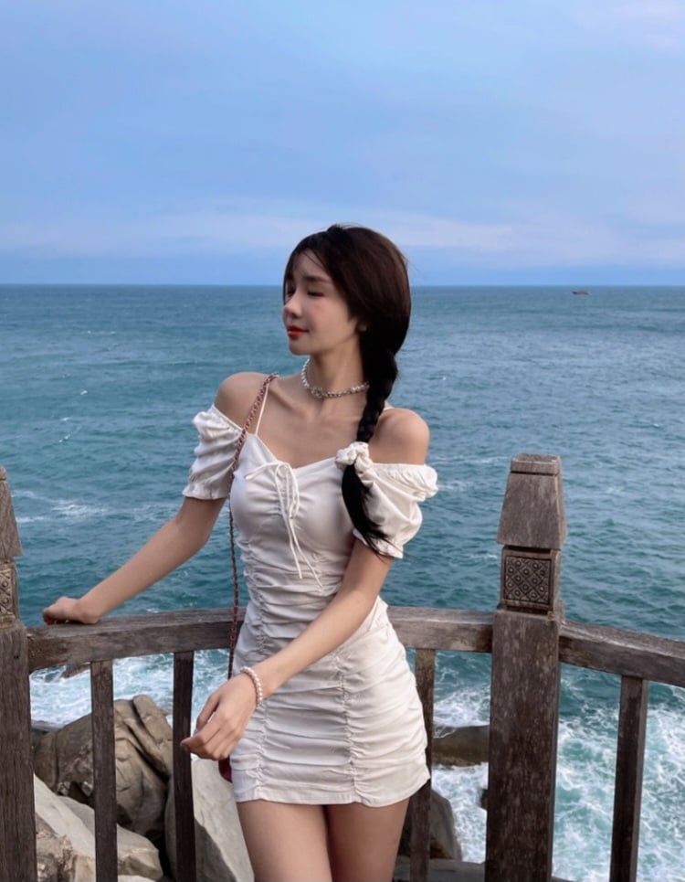 White Puff Sleeve Drawstring Ruched Mini Dress