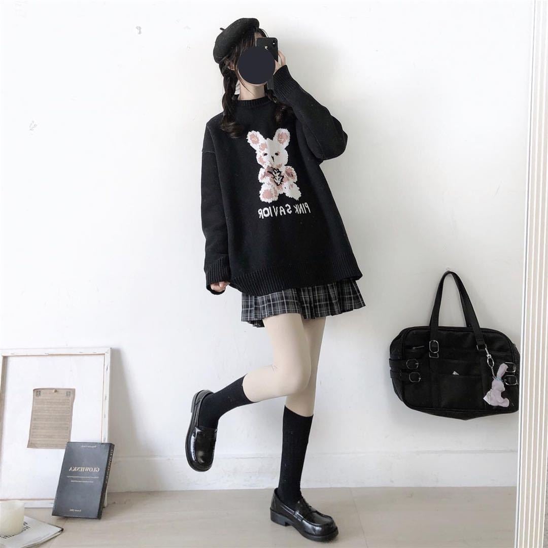 Bunny Knit Casual Sweater Sweatshirt Loose Jumper Long Sleeve Pullover Top Punk Goth E-Girl Kawaii Korean Japanese Harajuku Streetwear