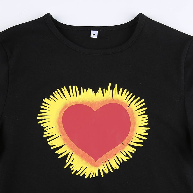 Heart Cartoon Print Short Sleeve Tee Shirt T-shirt Top Retro Vintage Causal Summer E-Girl Kawaii Korean Japanese Harajuku Streetwear
