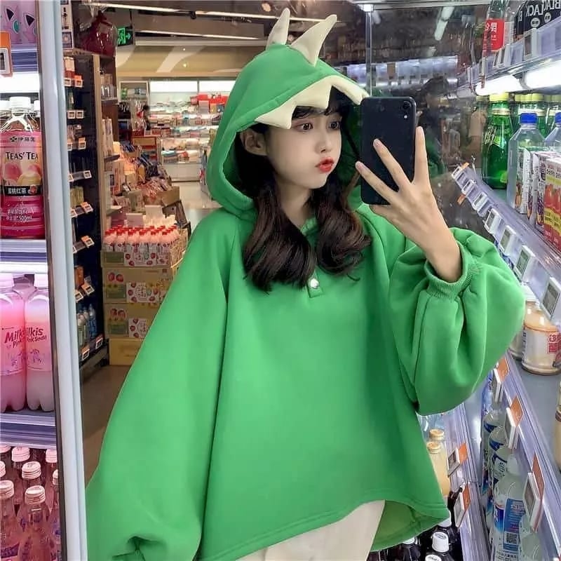 Cute 3D Dinosaur Cartoon Costume Loose Fleece Hoodie Jacket Sweatshirt Aesthetic Casual E-Girl Kawaii Korean Japanese Harajuku
