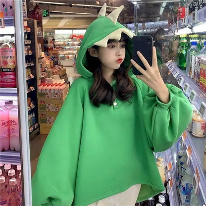 Cute 3D Dinosaur Cartoon Costume Loose Fleece Hoodie Jacket Sweatshirt Aesthetic Casual E-Girl Kawaii Korean Japanese Harajuku