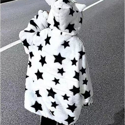 3D Star Ear Print Plush Hood Jacket