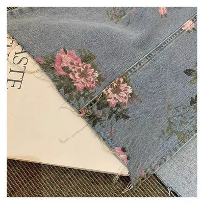 Cute Vintage Flowers Print Maxi Denim Skirt High Waist Open Split Straight Summer Aesthetic Casual E-Girl Kawaii Korean Japanese Harajuku