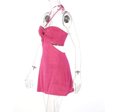Pink Cut Out Halter Backless Dress