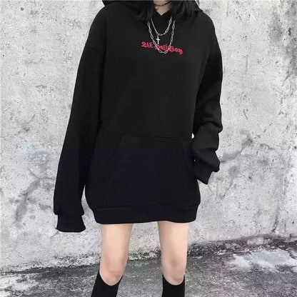 Cute Black Demon Wing Devil Horns Oversized Hoodie Long Sleeve Shirt Sweater Sweatshirt Punk Goth E-Girl Kawaii Korean Japanese Harajuku Streetwear