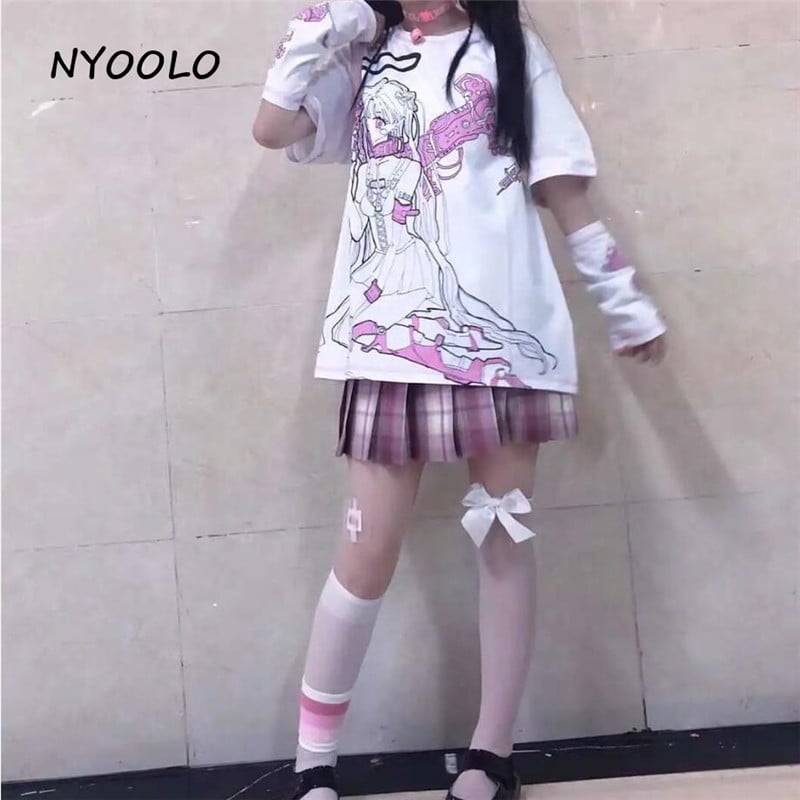 Angel Steampunk Anime Girl Cartoon Print Loose Short Sleeve T-shirt Top Summer Causal Goth Punk E-Girl Kawaii Korean Japanese Harajuku Streetwear