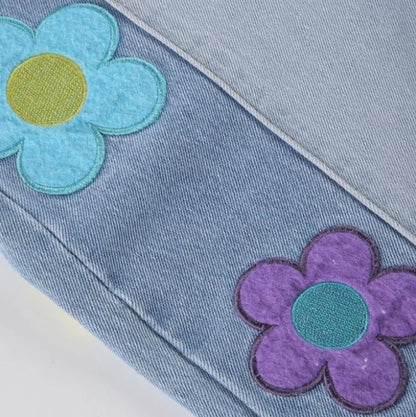 Cute Vintage Flower Patchwork High Waisted Denim Jean Trouser Pants Indie Punk Aesthetic Casual Summer E-Girl Kawaii Korean Japanese Harajuku