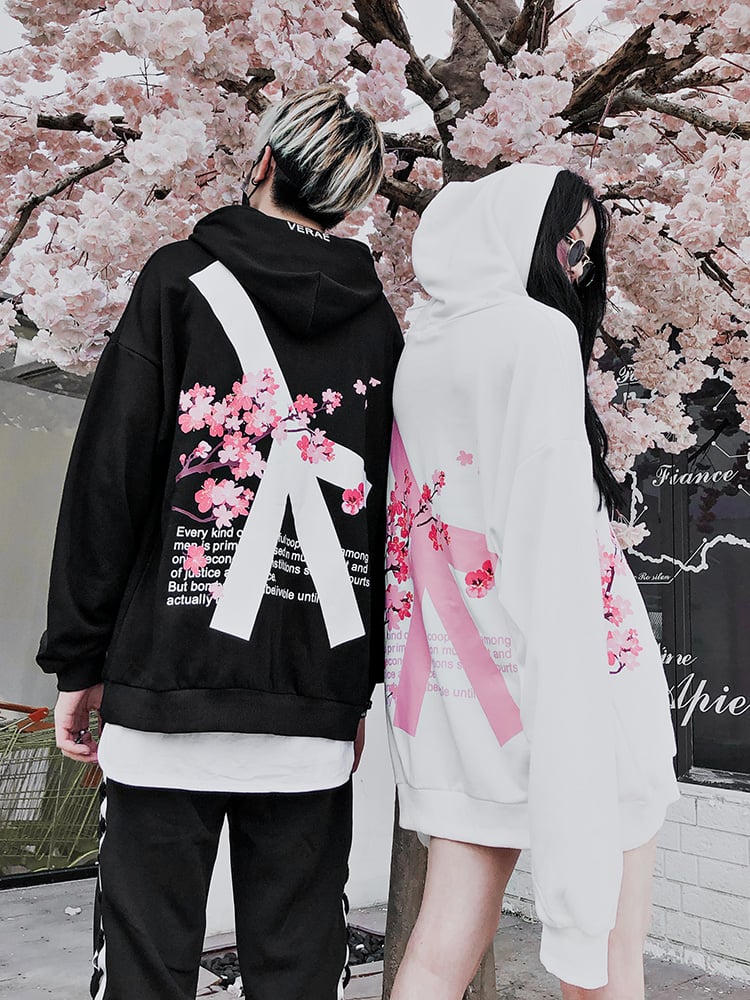 Cute Cherry Blossom Sakura Flower Print Oversized Unisex Long Sleeve Hoodie Sweater Sweatshirt E-Girl Kawaii Korean Japanese Harajuku Streetwear