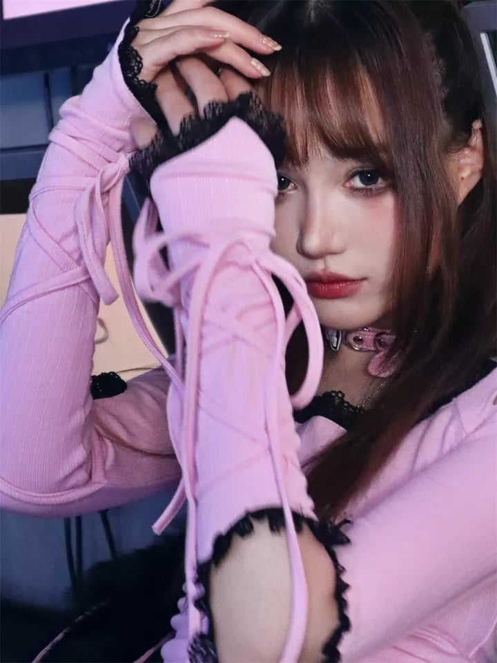 Pink Goth Bandage Hollow Out Long Sleeve T-shirt