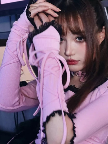 Pink Goth Bandage Hollow Out Long Sleeve T-shirt