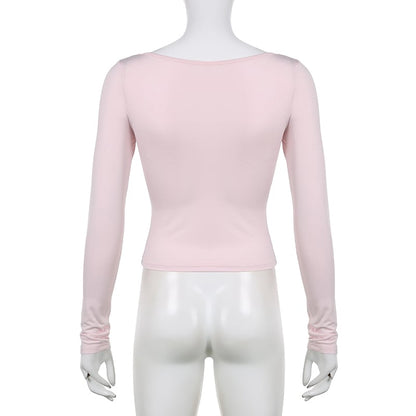 Sweet Lace Up Slash Neck Long Sleeve Shirt