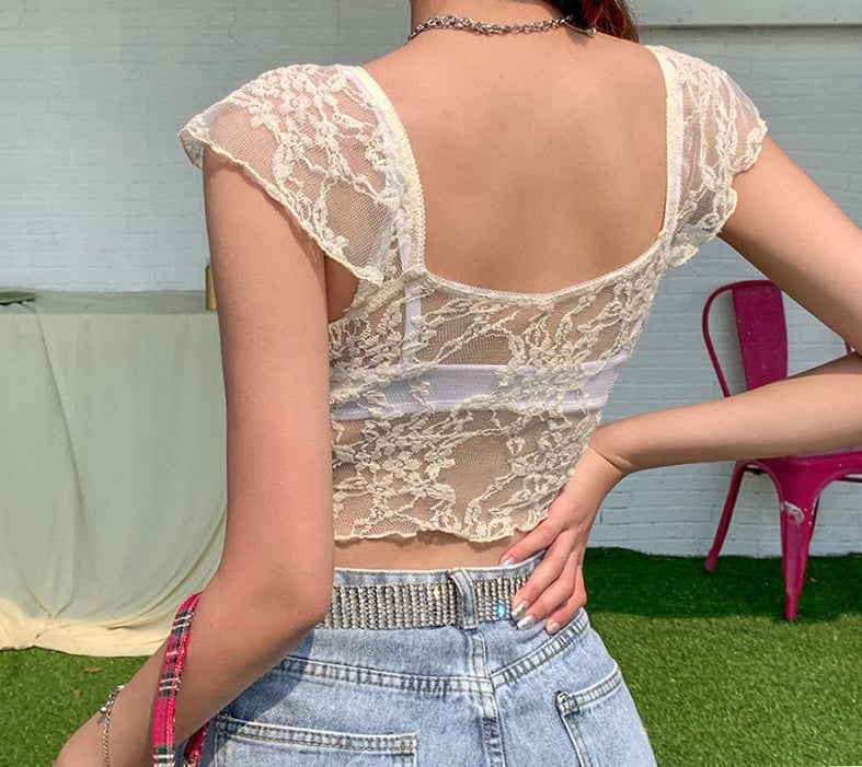 Cute Transparent Lace Mesh Sweet Crop Top Short Sleeve Shirt Tee T-shirt E-Girl Kawaii Korean Japanese Harajuku Chinese Retro Streetwear Aesthetic
