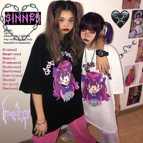 Cute Girl Graffiti Graphic Art Print Punk Baggy Hip Hop Oversized Long Sleeve Tee Shirt T-shirt Top E-Girl Kawaii Korean Japanese Harajuku Streetwear