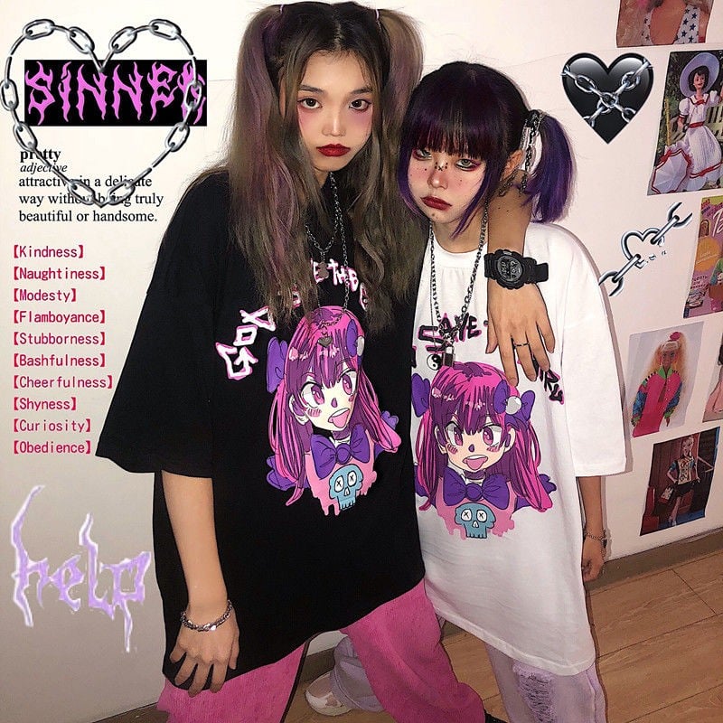 Cute Girl Graffiti Graphic Art Print Punk Baggy Hip Hop Oversized Long Sleeve Tee Shirt T-shirt Top E-Girl Kawaii Korean Japanese Harajuku Streetwear
