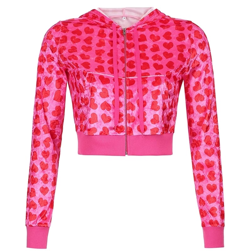 Cute Pink Heart Print Velvet Tracksuit Set Long Sleeve Cropped Hoodie + Sweatpants Aesthetic Casual Summer E-Girl Kawaii Korean Japanese Harajuku