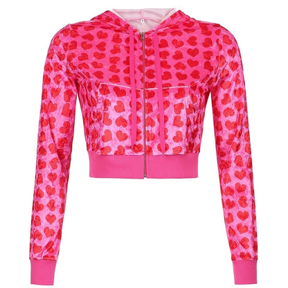 Cute Pink Heart Print Velvet Tracksuit Set Long Sleeve Cropped Hoodie + Sweatpants Aesthetic Casual Summer E-Girl Kawaii Korean Japanese Harajuku