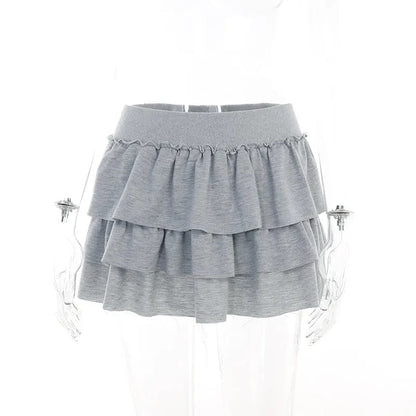 Grey Ruffle Low Rise Pleated Skirt