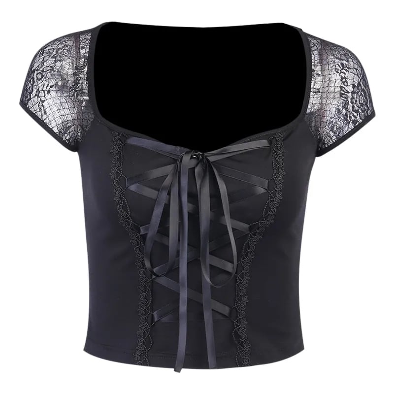 Black Bandage Ribbon Bow Lace Crop Top