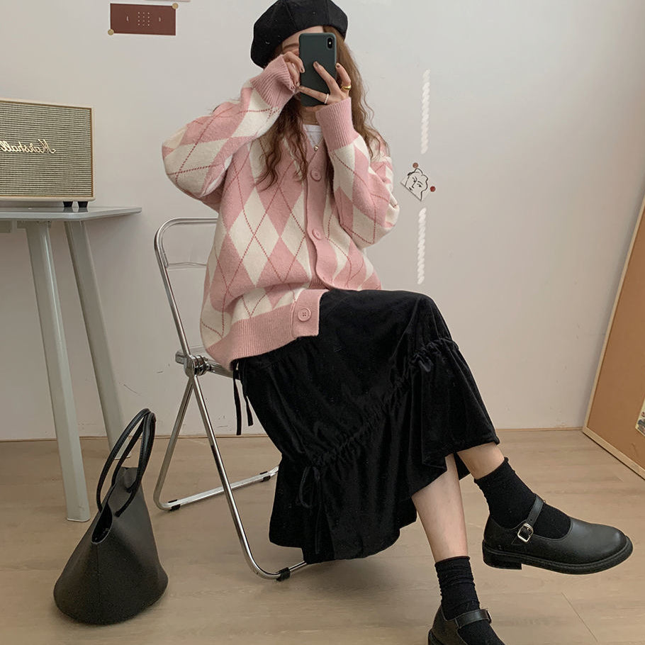 Pink Argyle V Neck Sweater