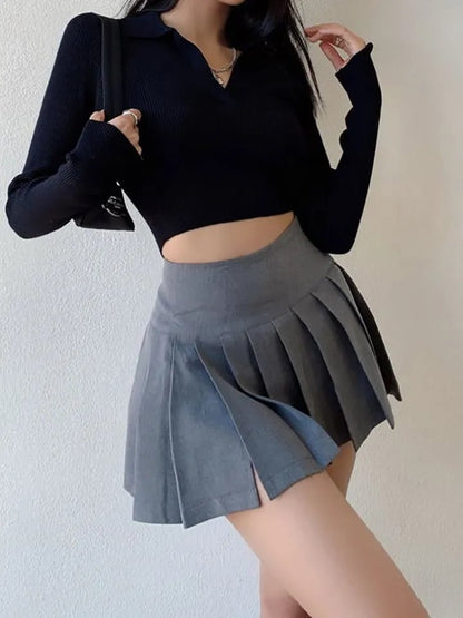 Grey Split Pleated Mini Skirt