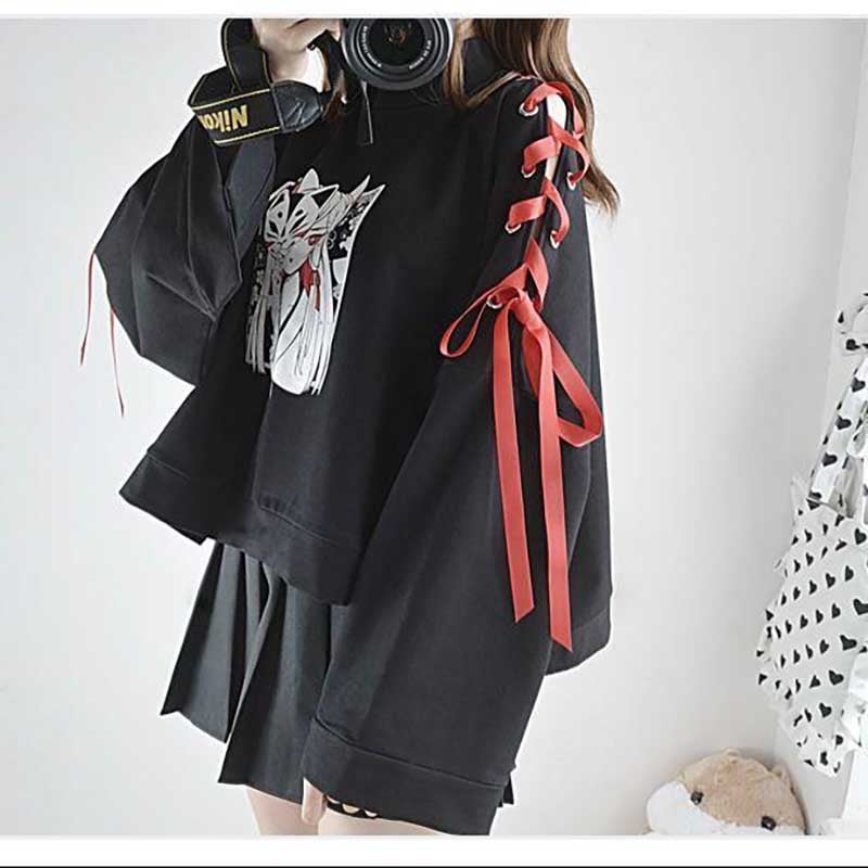 Cute Vintage Anime Fox Print Lace Up Long Sleeve Shirt Hoodie Sweatshirt Top Punk Goth E-Girl Kawaii Korean Japanese Harajuku Streetwear