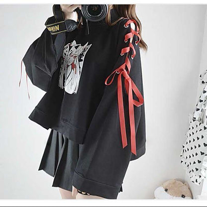 Cute Vintage Anime Fox Print Lace Up Long Sleeve Shirt Hoodie Sweatshirt Top Punk Goth E-Girl Kawaii Korean Japanese Harajuku Streetwear