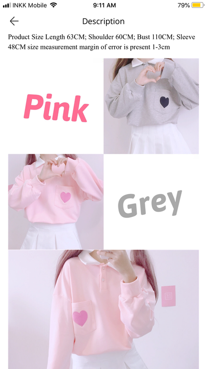 Cute Heart Embroidery Pocket Oversized Sweater Long Sleeve Shirt Pullover Hoodie Sweatshirt E-Girl Kawaii Korean Japanese Harajuku Retro Streetwear