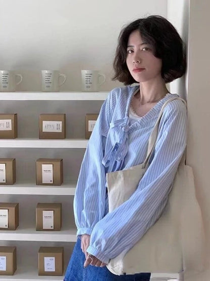 Blue Striped Bandage Long Sleeve Blouse