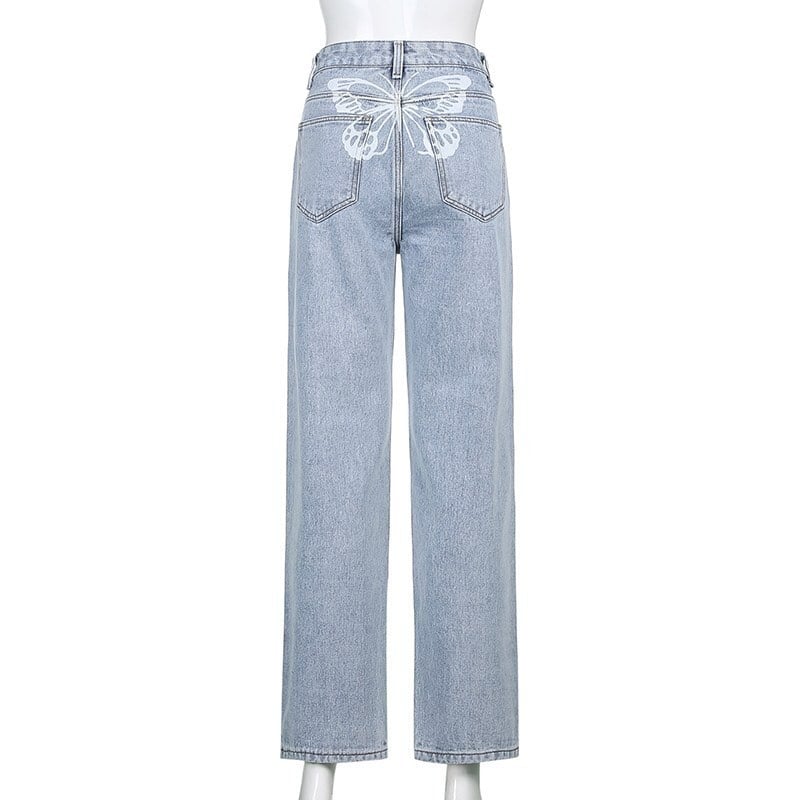Cute 90s Buttery Print Casual Baggy Straight High Waist Mom Blue Denim Jean Bottom Pant Aesthetic E-Girl Kawaii Korean Japanese Harajuku Streetwear