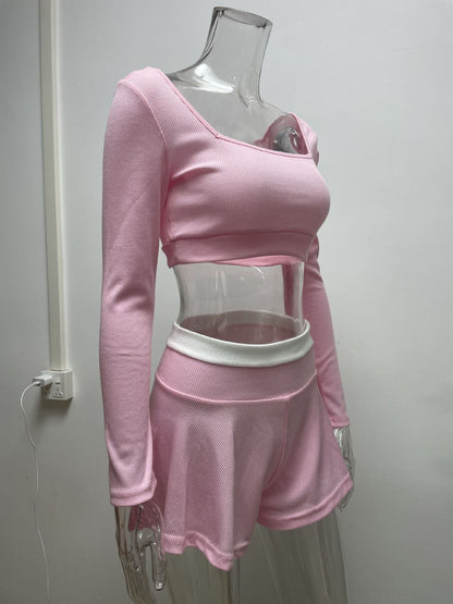2PCS Pink Patchwork Long Sleeve Shirt + Shorts