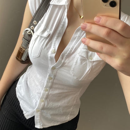 White Pocket Button Down Collar Short Sleeve Shirt