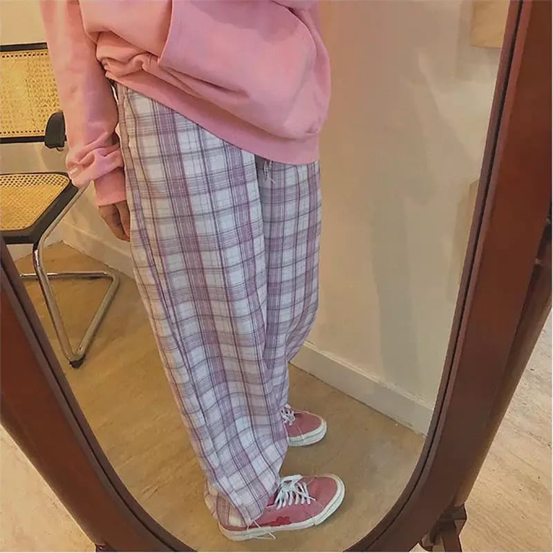 Cute Pastel Pink Checkered Plaid Pants Autumn Punk High Waisted Causal Loose Trouser Hip Hop Bottoms E-Girl Kawaii Korean Japanese Harajuku Streetwear