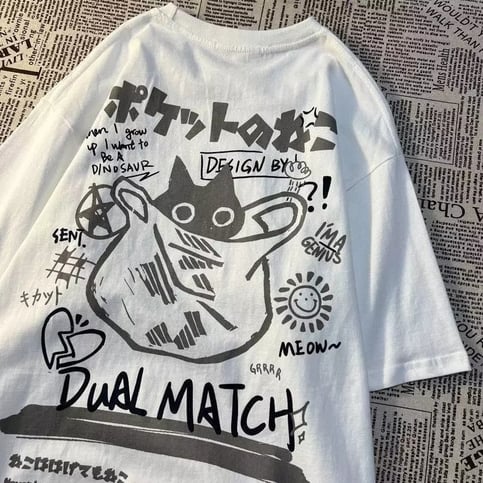Cat Cartoon Print Loose Short Sleeve T-shirt