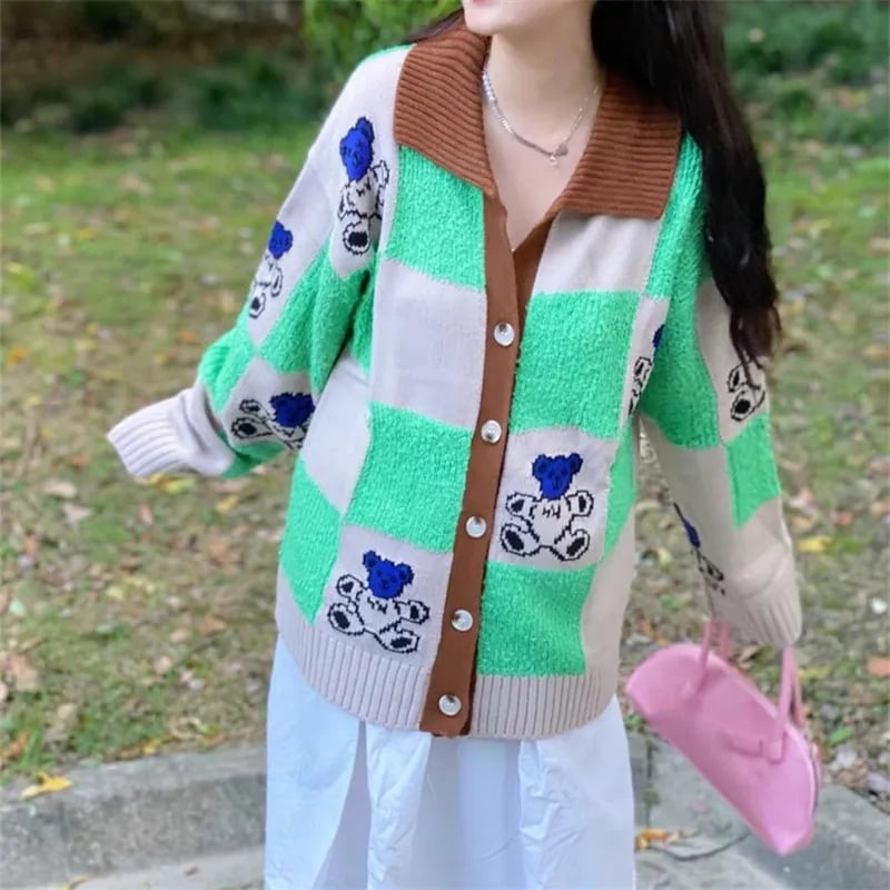 Green & Brown Teddy Bear Patchwork Sweater