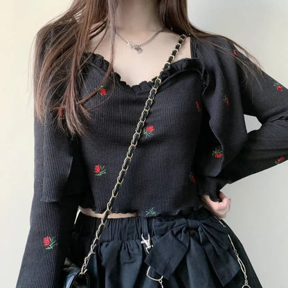 2PCS Floral Print Knit Camisole + Cardigan
