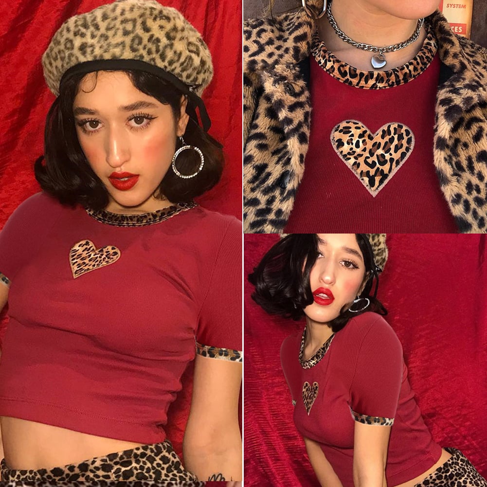 Cute Sexy Leopard Animal Print Heart Crop Top Short Sleeve Shirt Tee T-shirt E-Girl Kawaii Korean Japanese Harajuku Chinese Retro Streetwear Aesthetic
