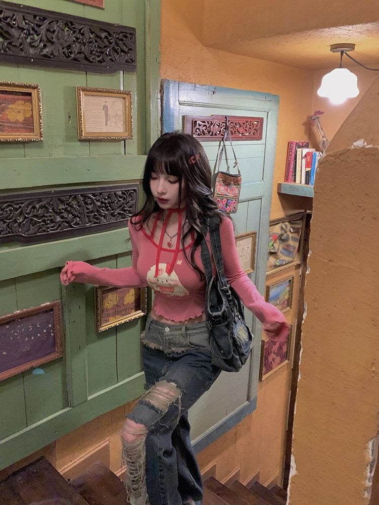 Pink Dog Graphic Print Frill Long Sleeve Shirt
