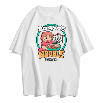 Vintage Anime Ramen Noodle Cartoon Print Loose White Short Sleeve Short T-shirt Top Causal Summer E-Girl Kawaii Korean Japanese Harajuku Streetwear