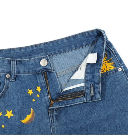 Moon Star Print Denim Shorts