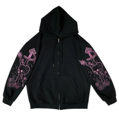 Black Skull Sword Print Zip Up Hoodie