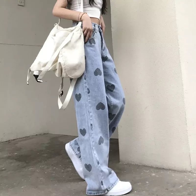 Cute Heart Denim Blue Loose High Waisted Straight Leg Flare Jeans Pants Aesthetic Casual Summer E-Girl Kawaii Korean Japanese Harajuku