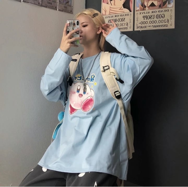 Japanese Anime Cartoon Print Oversize Long Sleeve Shirt
