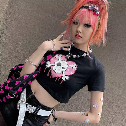Cute Pink Love Heart Skull Print Short Sleeve T-shirt Crop Top Summer Casual Goth Punk E-Girl Kawaii Korean Japanese Harajuku Streetwear