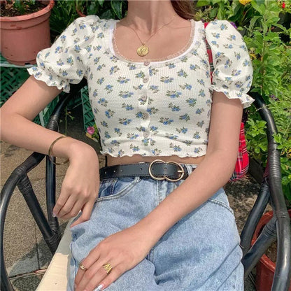 Sweet Floral Print Puff Bell Sleeve Short T-shirt Button Round Neck Crop Top Summer Aesthetic Casual E-Girl Kawaii Korean Japanese Harajuku